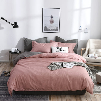 Bedding Set Solid Plaid Side Bed Comforter Duvet Cover Sheet Set, Size:200*230cm(2x Pillowcase,1x Quilt）(Pink)-garmade.com