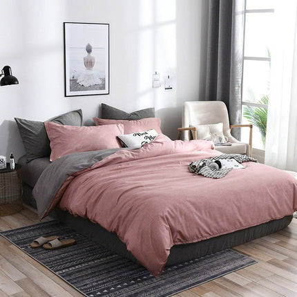 Bedding Set Solid Plaid Side Bed Comforter Duvet Cover Sheet Set, Size:200*230cm(2x Pillowcase,1x Quilt）(Pink)-garmade.com