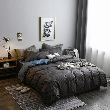 Bedding Set Solid Plaid Side Bed Comforter Duvet Cover Sheet Set, Size:200*230cm(2x Pillowcase,1x Quilt）(Black)-garmade.com