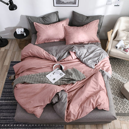 Bedding Set Solid Plaid Side Bed Comforter Duvet Cover Sheet Set, Size:228*228cm(2xPillowcase,1xQuilt）(Pink)-garmade.com