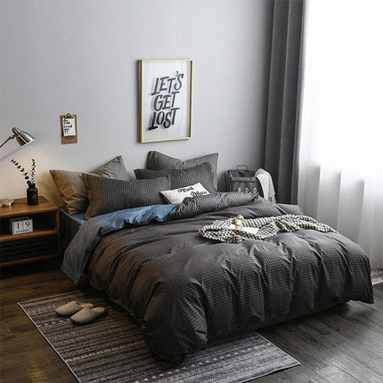 Bedding Set Solid Plaid Side Bed Comforter Duvet Cover Sheet Set, Size:228*228cm(2xPillowcase,1xQuilt）(Black)-garmade.com