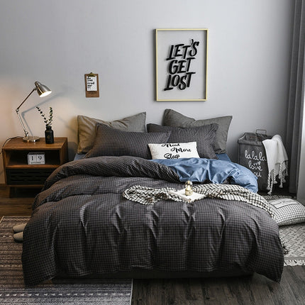 Bedding Set Solid Plaid Side Bed Comforter Duvet Cover Sheet Set, Size:135*200cm(1xPillowcase,1xQuilt）(Black)-garmade.com