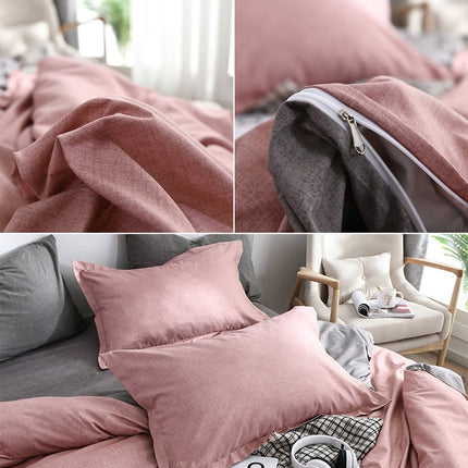 Bedding Set Solid Plaid Side Bed Comforter Duvet Cover Sheet Set, Size:210*210cm(2xPillowcase,1xQuilt）(Pink)-garmade.com
