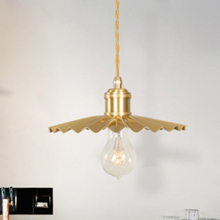 Pure Copper Single Head Vintage Nostalgic Brass Pleated Chandelier with 5W Three-Color Light LED-garmade.com