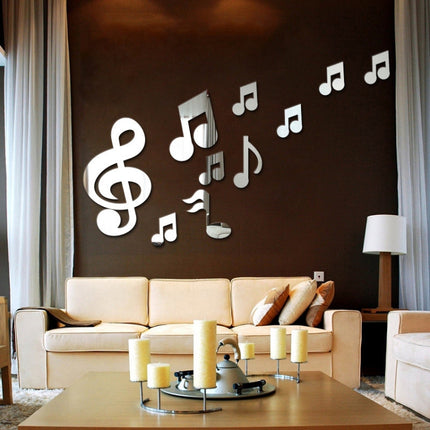 3D Musical Notes Acrylic Mirrors Wall Sticker Home Decor Living Room Wall Decoration Art DIY Wall Stickers(Silver)-garmade.com