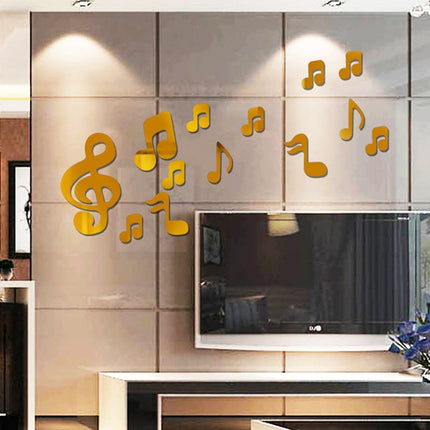 3D Musical Notes Acrylic Mirrors Wall Sticker Home Decor Living Room Wall Decoration Art DIY Wall Stickers(Gold)-garmade.com