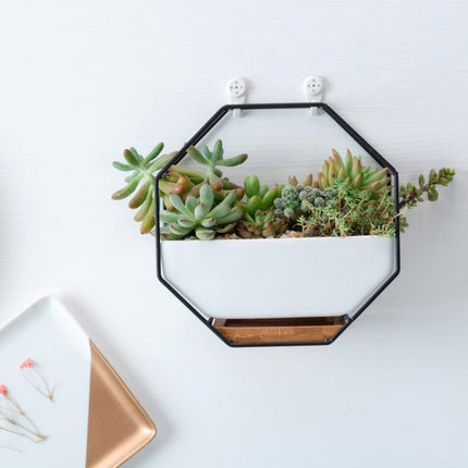 Simple Octagonal Geometric Wall Hanging Table Succulent Platter Bamboo Support Iron Frame Flower Pot(Gold)-garmade.com
