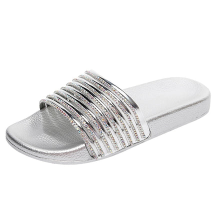 Women Solid Color Casual Glossy Flash Drill Slippers, Shoe Size:38(Silver)-garmade.com