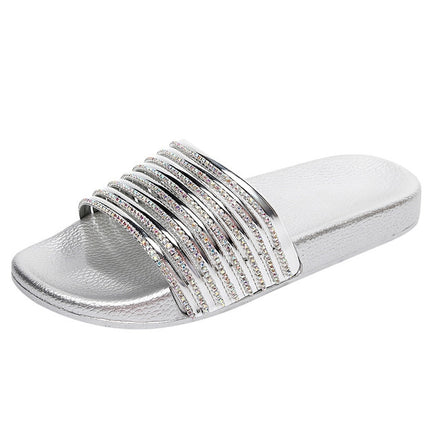 Women Solid Color Casual Glossy Flash Drill Slippers, Shoe Size:41(Silver)-garmade.com