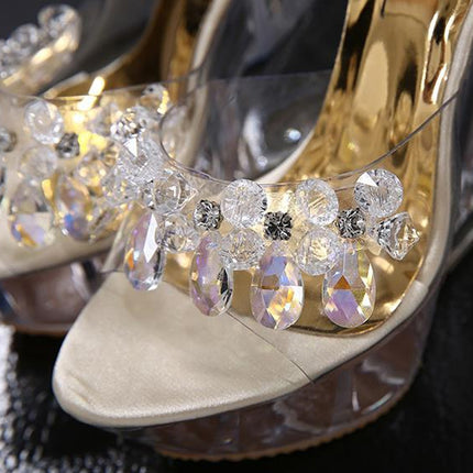 Women Diamond 14cm High-heeled Slippers Crystal Waterproof Non Slip Bottom Thick Sandals, Shoe Size:34(Apricot)-garmade.com
