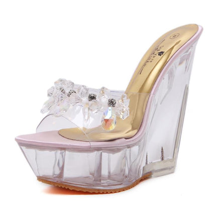 Women Diamond 14cm High-heeled Slippers Crystal Waterproof Non Slip Bottom Thick Sandals, Shoe Size:34(Pink)-garmade.com