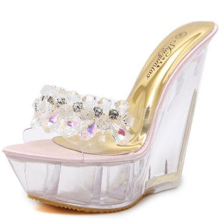 Women Diamond 14cm High-heeled Slippers Crystal Waterproof Non Slip Bottom Thick Sandals, Shoe Size:34(Pink)-garmade.com