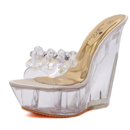 Women Diamond 14cm High-heeled Slippers Crystal Waterproof Non Slip Bottom Thick Sandals, Shoe Size:37(Apricot)-garmade.com