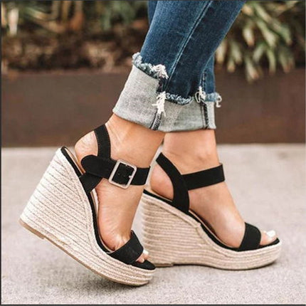 Fish Mouth Wedge Bottom Belt Buckle Hemp Rope Women Sandals, Size:36(Snake)-garmade.com