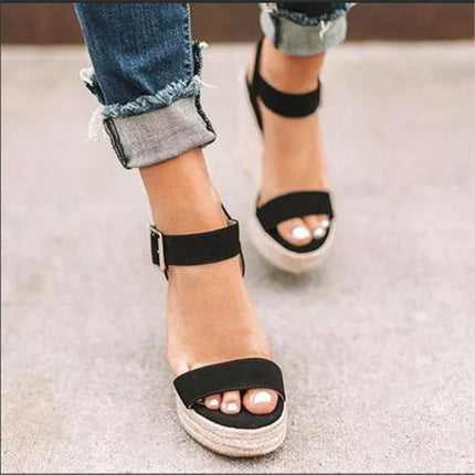 Fish Mouth Wedge Bottom Belt Buckle Hemp Rope Women Sandals, Size:37(Black)-garmade.com