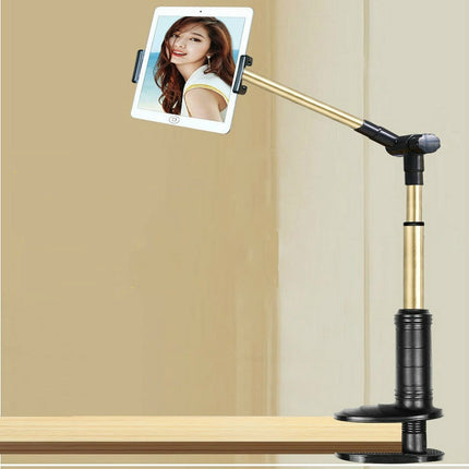 360 Degree Rotation Lazy Mount Folding Long Arm Phone Stand Holder for 4-14 Inch Tablet & Phone(Black Gold)-garmade.com