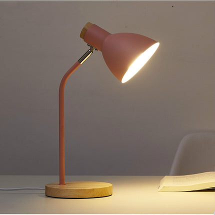 E27 Button Switch Wood Table Lamp Metal Shade Desk Light Bedside Reading Book Light Home Decor, Light Source:Normal Bulb(Pink)-garmade.com