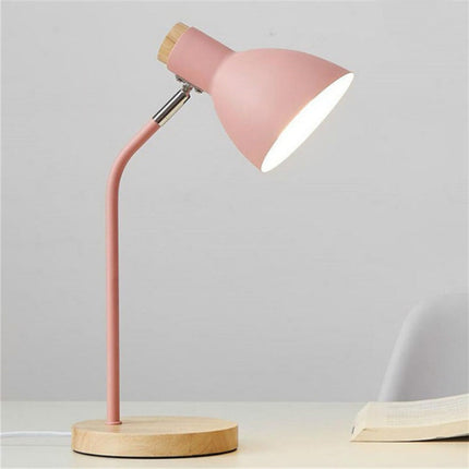 E27 Button Switch Wood Table Lamp Metal Shade Desk Light Bedside Reading Book Light Home Decor, Light Source:9W Led White Light(Pink)-garmade.com