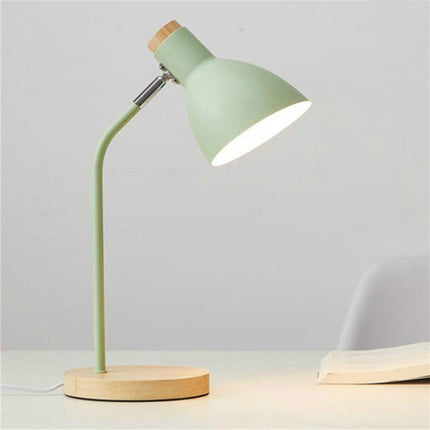 E27 Button Switch Wood Table Lamp Metal Shade Desk Light Bedside Reading Book Light Home Decor, Light Source:9W Led 3-color Dimming(Green)-garmade.com
