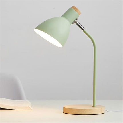 E27 Button Switch Wood Table Lamp Metal Shade Desk Light Bedside Reading Book Light Home Decor, Light Source:9W Led 3-color Dimming(Green)-garmade.com