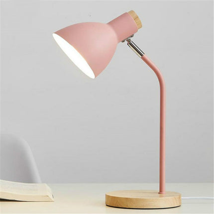 E27 Button Switch Wood Table Lamp Metal Shade Desk Light Bedside Reading Book Light Home Decor, Light Source:9W Led 3-color Dimming(Pink)-garmade.com