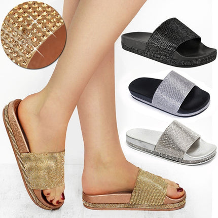 Rhinestone Women Slippers Bling Beach Slides, Size:36(Gun Color)-garmade.com