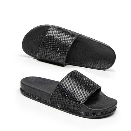 Rhinestone Women Slippers Bling Beach Slides, Size:36(Black)-garmade.com