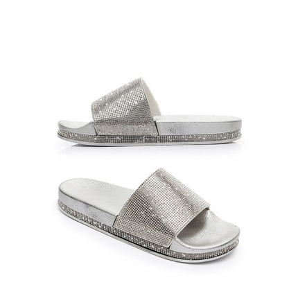 Rhinestone Women Slippers Bling Beach Slides, Size:37(Silver)-garmade.com