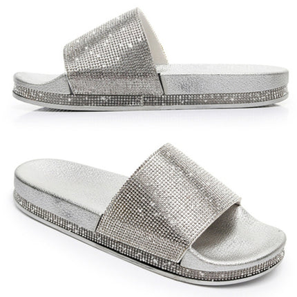 Rhinestone Women Slippers Bling Beach Slides, Size:37(Silver)-garmade.com