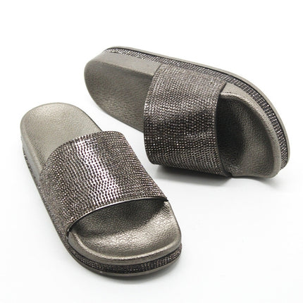 Rhinestone Women Slippers Bling Beach Slides, Size:37(Gun Color)-garmade.com