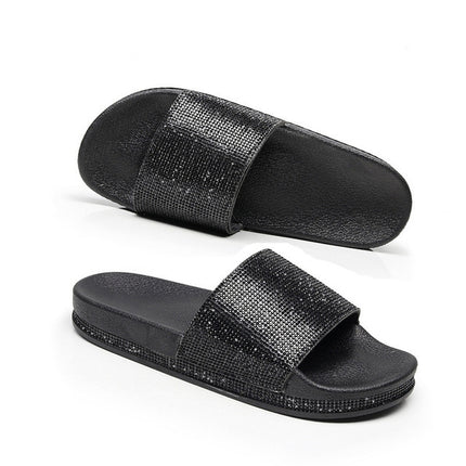 Rhinestone Women Slippers Bling Beach Slides, Size:37(Black)-garmade.com