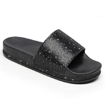 Rhinestone Women Slippers Bling Beach Slides, Size:40(Black)-garmade.com