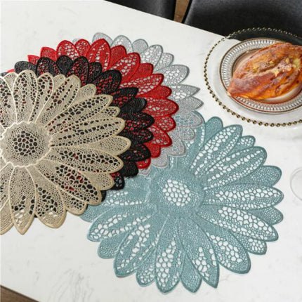 2 PCS Sunflower Shape Household Fashion PVC Dining Table Placemat Europe Style Kitchen Tools Tableware Pad Coaster Coffee Tea Place Mat(Silver)-garmade.com