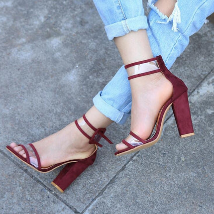 Thick Heeled Serpentine High Heel Sandals, Color:34(Wine Red)-garmade.com