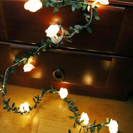 3m 20 LEDs Solar Simulation Green Leaf Rattan Rose Flower Vine LED Light String Garland Decoration-garmade.com