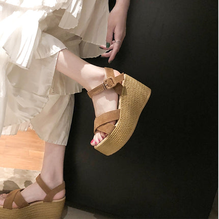 Sloppy Platform Suede Sandals, Shoes Size:35(Khaki)-garmade.com