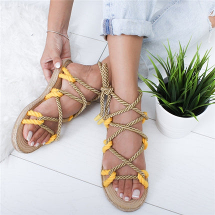 Women Sandals Stagger Hemp Rope Shoes, Size:38(Yellow)-garmade.com