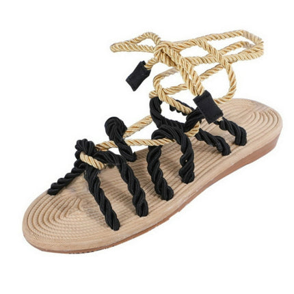 Women Sandals Stagger Hemp Rope Shoes, Size:38(Black)-garmade.com