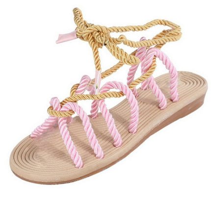 Women Sandals Stagger Hemp Rope Shoes, Size:38(Pink)-garmade.com