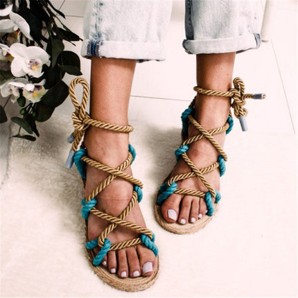 Women Sandals Stagger Hemp Rope Shoes, Size:38(Blue)-garmade.com