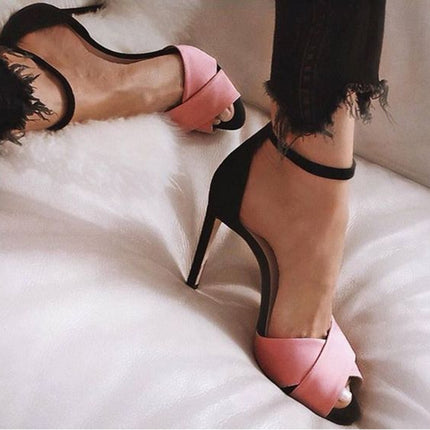 Women Open Toe High Heel Stiletto Colorblock Sandals, Shoes size:36(Pink)-garmade.com