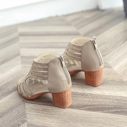 Women Diamond-studded Mid Heel Fish Mouth Sandals, Size:35(Khaki)-garmade.com