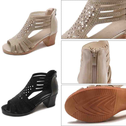 Women Diamond-studded Mid Heel Fish Mouth Sandals, Size:35(Khaki)-garmade.com
