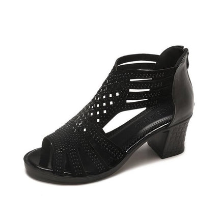 Women Diamond-studded Mid Heel Fish Mouth Sandals, Size:36(Black)-garmade.com