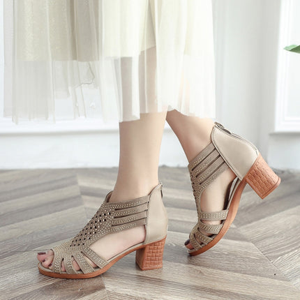 Women Diamond-studded Mid Heel Fish Mouth Sandals, Size:36(Khaki)-garmade.com