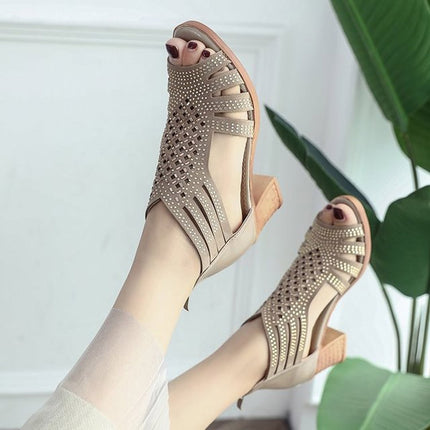 Women Diamond-studded Mid Heel Fish Mouth Sandals, Size:40(Khaki)-garmade.com
