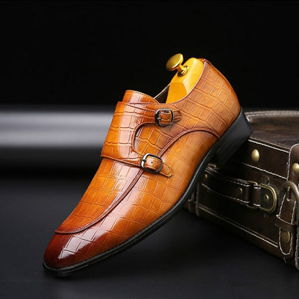 Crocodile Pattern Business Flat Bottom Leather Formal Shoes, Size:38(Yellow)-garmade.com