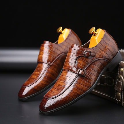 Crocodile Pattern Business Flat Bottom Leather Formal Shoes, Size:39(Brown)-garmade.com