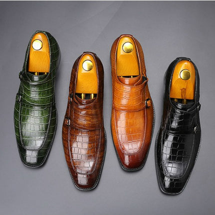 Crocodile Pattern Business Flat Bottom Leather Formal Shoes, Size:39(Green)-garmade.com