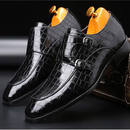 Crocodile Pattern Business Flat Bottom Leather Formal Shoes, Size:42(Black)-garmade.com